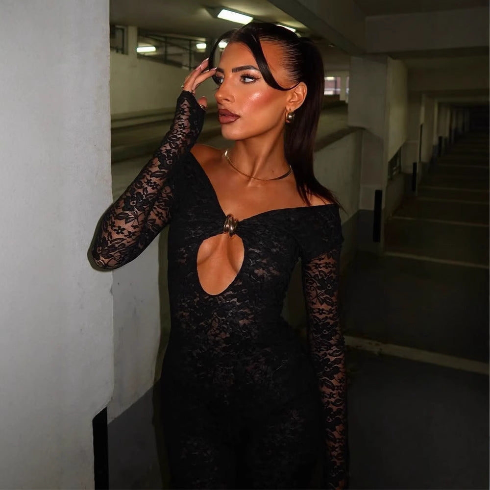 Damen Eleganter Lace-Bodysuit mit tiefem V-Ausschnitt und langen Ärmeln Heidi-Mode