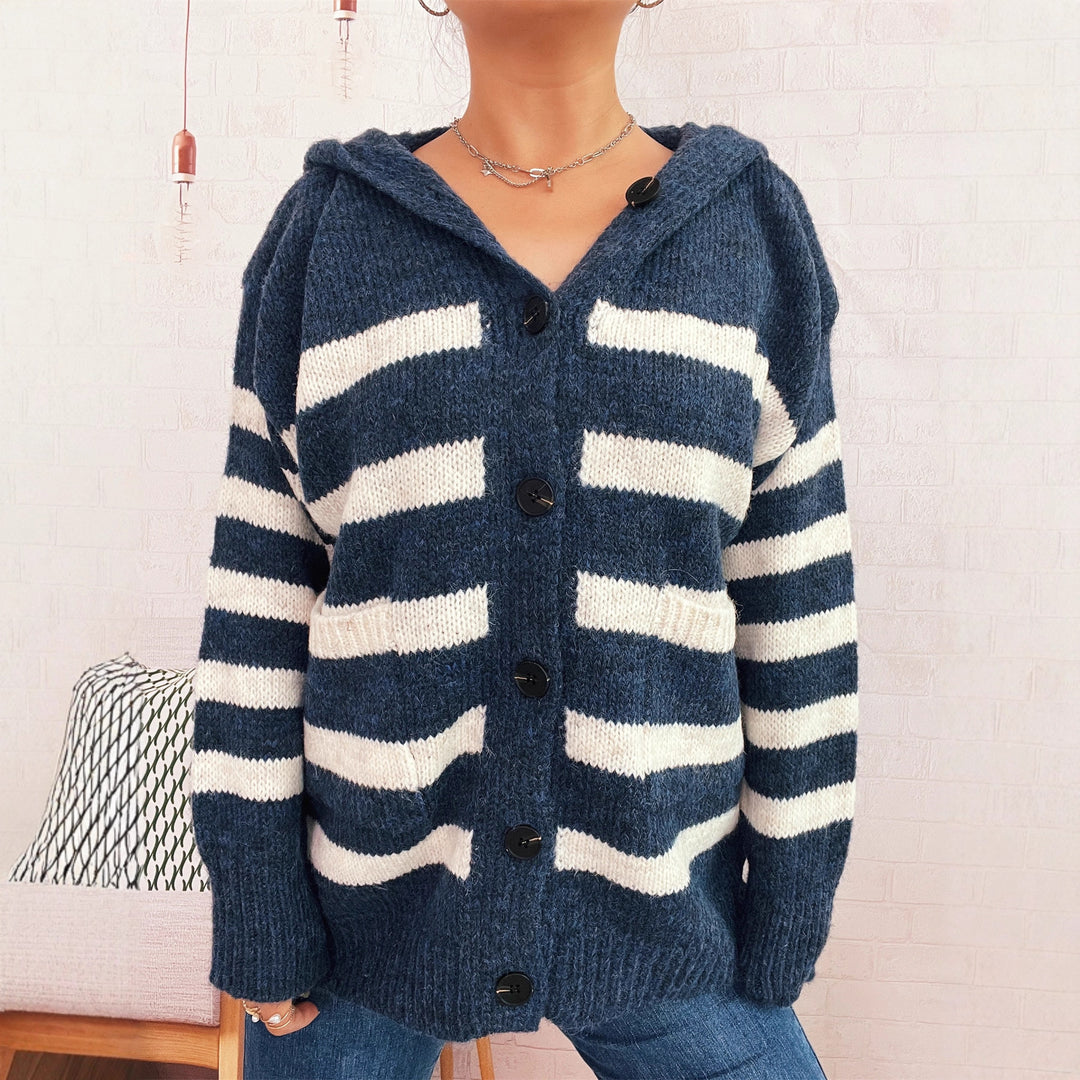 Damen oversized Strickjacke mit kontrastierenden Streifen und Kapuze Heidi-Mode