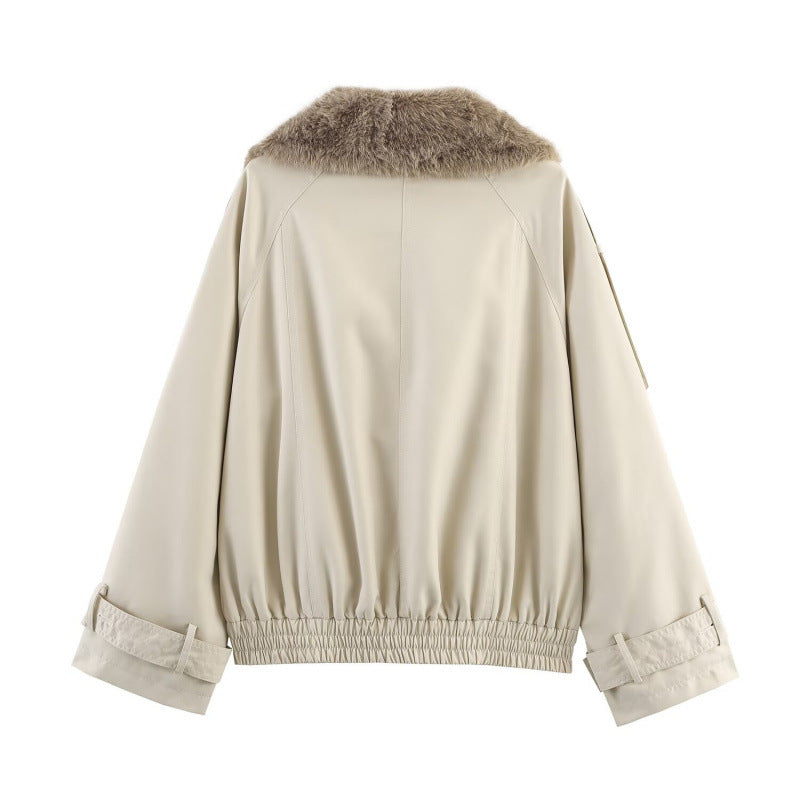 Damen modische Jacke mit kunstvollem Fellkragen und doppelter Knopfblende Heidi-Mode