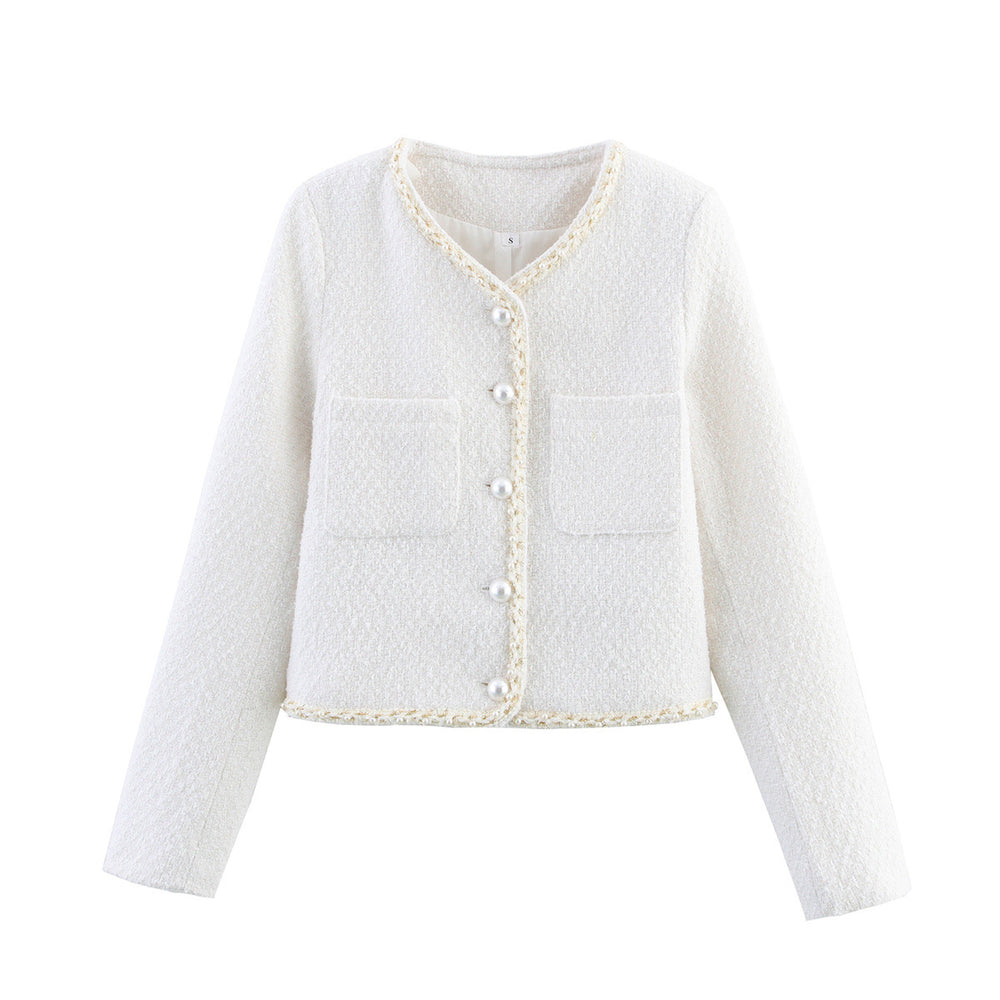 Damen modische Bouclé-Jacke mit eleganten Taschen und perlverzierten Knöpfen Heidi-Mode