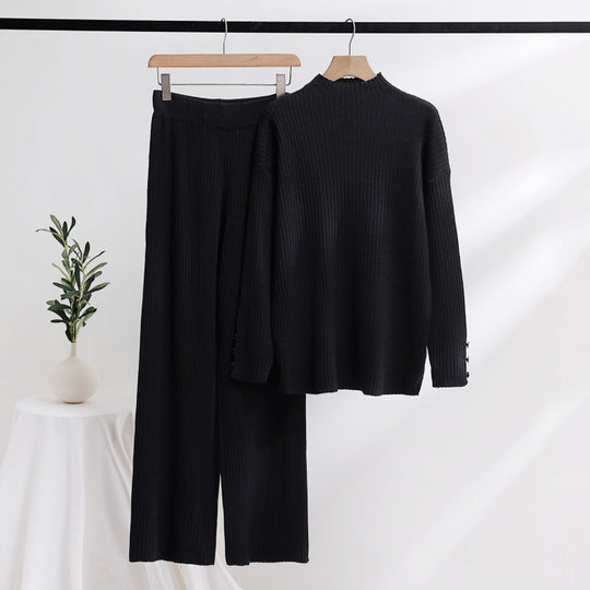 Damen lässiger Strickanzug mit Stehkragen und Knopfdetails Heidi-Mode