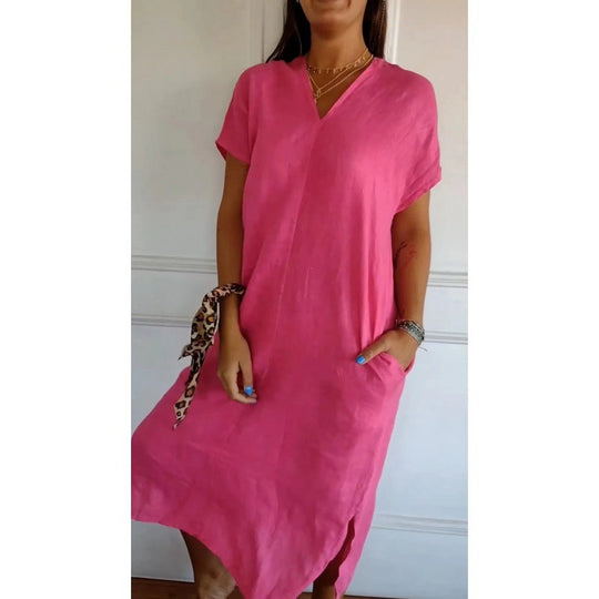 Damen Lässiges V-Ausschnitt Kleid mit praktischen Taschen und oversize Schnitt Heidi-Mode