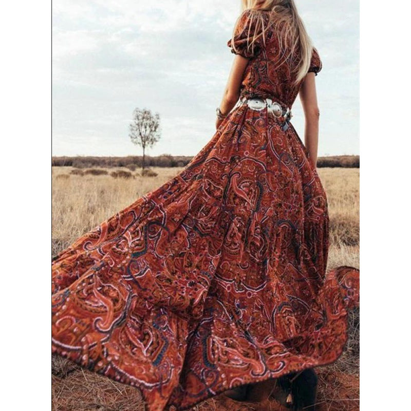 Heidi-Mode | Damen Kurzarm Paisleymuster Knopf Maxikleid