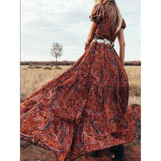 Heidi-Mode | Damen Kurzarm Paisleymuster Knopf Maxikleid