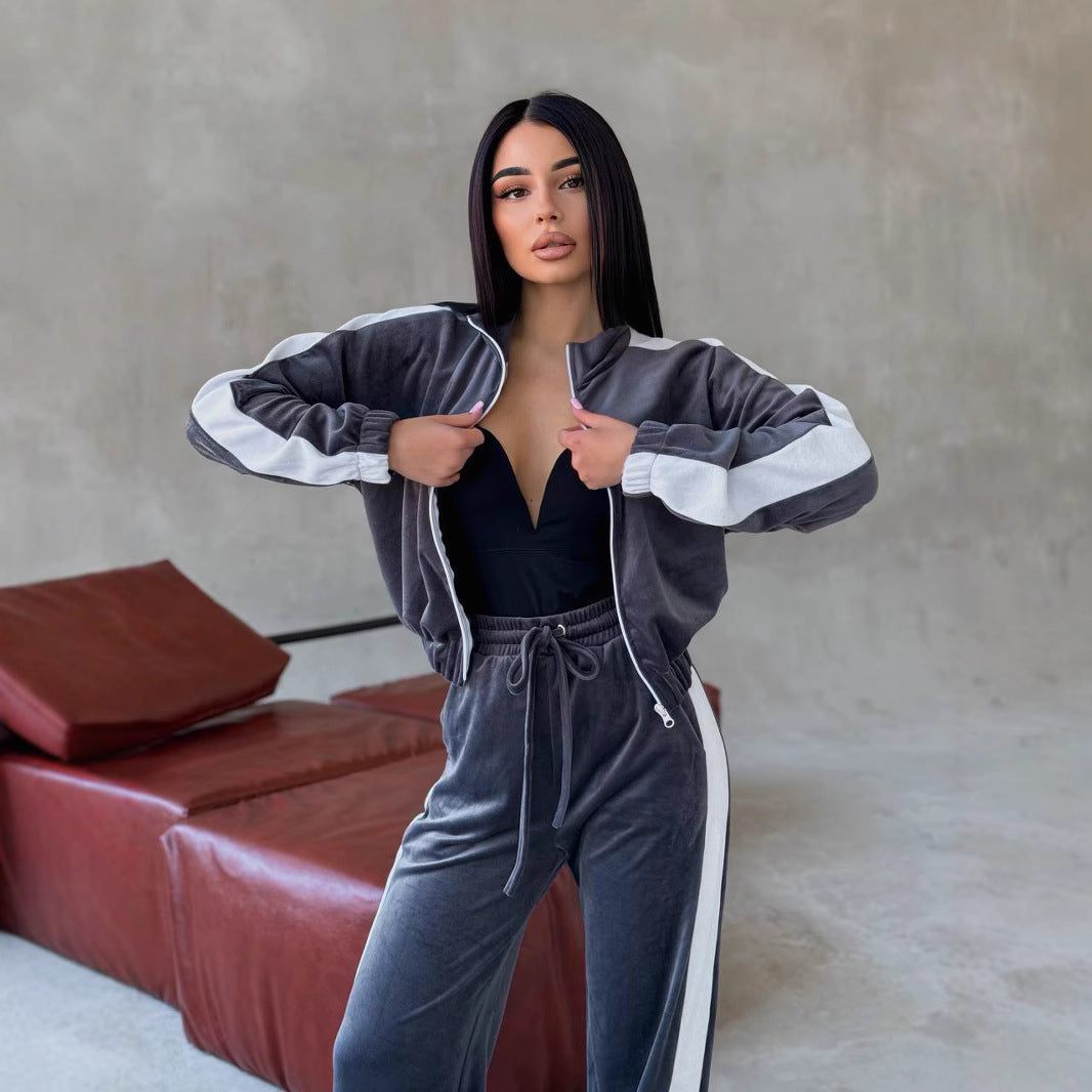 Damen Fleece Freizeitanzug mit Reißverschluss und Kontraststreifen Heidi-Mode