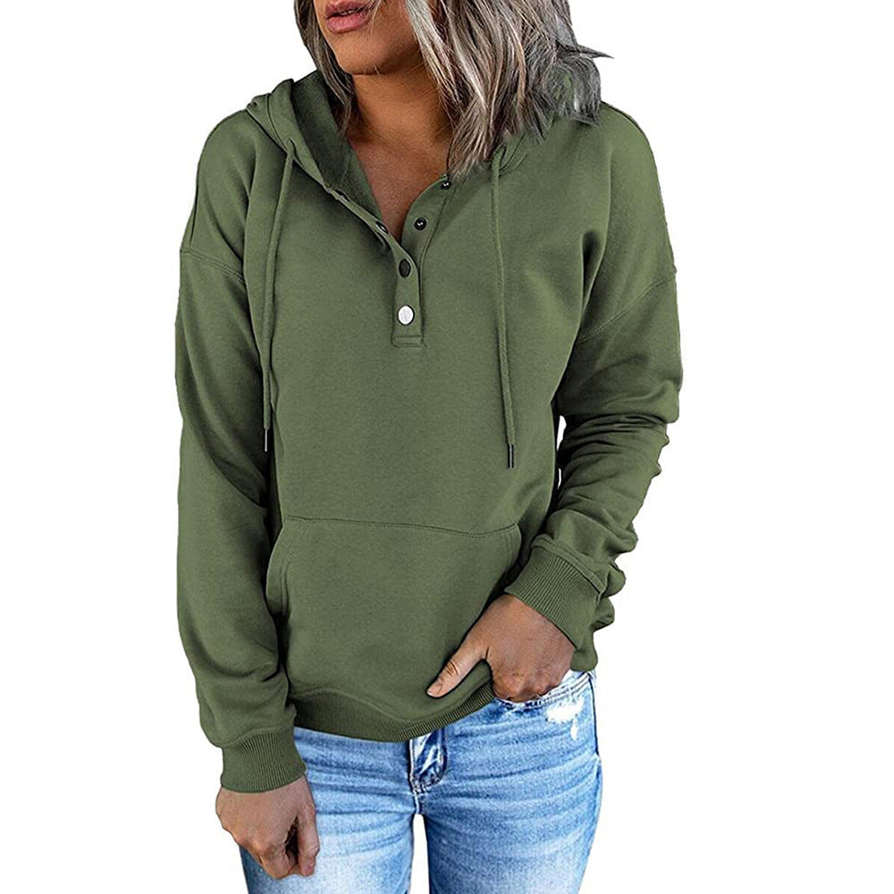 Damen lässiger Kapuzenpullover mit Druckknöpfchen und seitlichen Eingrifftaschen Heidi-Mode