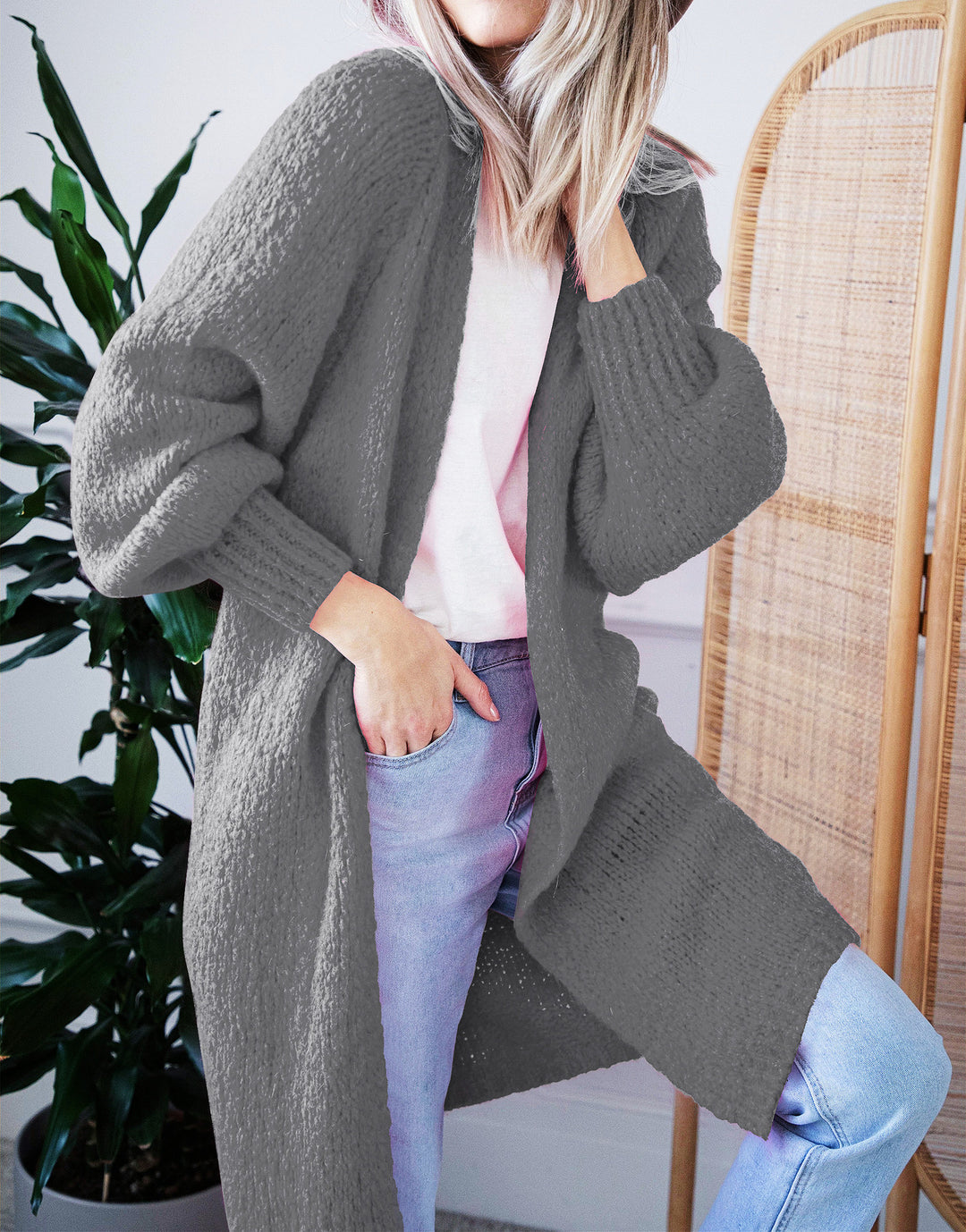 Damen Oversized Strickmantel mit lässigem V-Ausschnitt und luftiger Maschenstruktur Heidi-Mode