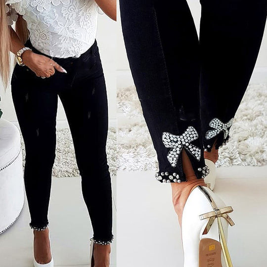 Damen Skinny Jeans mit Perlen- und Schleifendetails Heidi-Mode