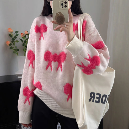 Damen Kuscheliger Strickpullover mit verspieltem Schleifenmotiv Heidi-Mode