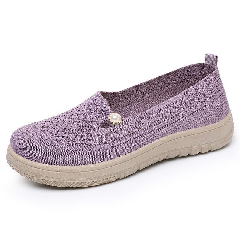 Damen Slip-On Freizeit Schuhe mit eleganter Strickoberfläche und Perlenschmuck Heidi Mode