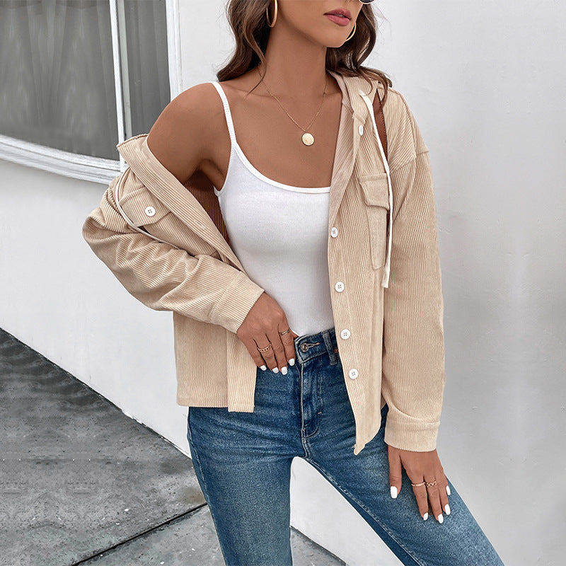 Damen Cordjacke mit Kapuze und Knopfverschluss Heidi-Mode