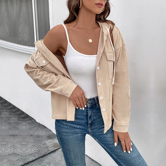Damen Cordjacke mit Kapuze und Knopfverschluss Heidi-Mode