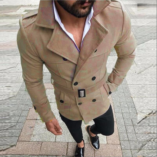 Herren eleganter Trenchcoat mit modischem Gürtel und doppelter Knopfleiste Heidi-Mode