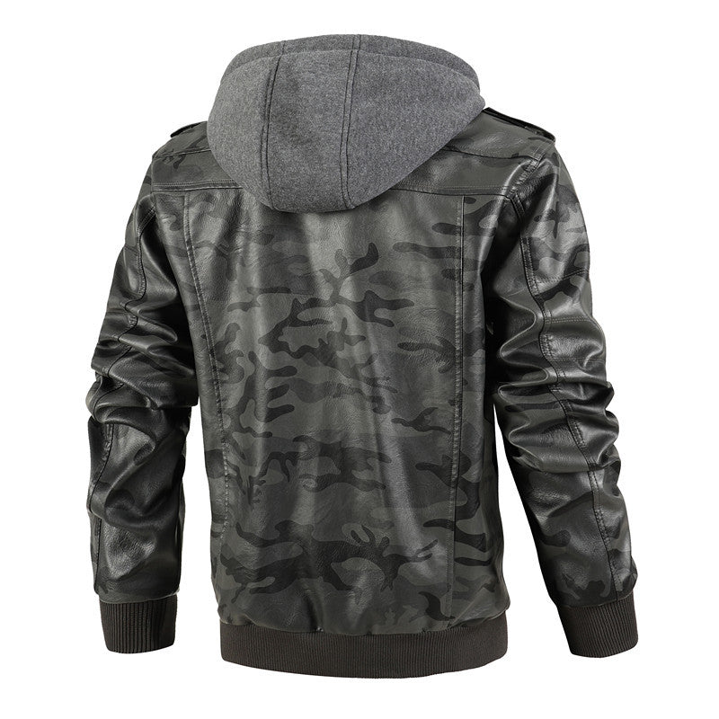 Herren Kunstlederjacke mit abnehmbarer Kapuze und multifunktionalen Taschen Heidi-Mode