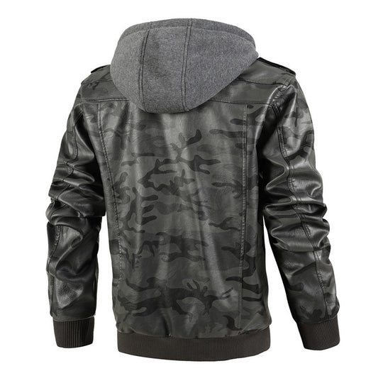 Herren Kunstlederjacke mit abnehmbarer Kapuze und multifunktionalen Taschen Heidi-Mode