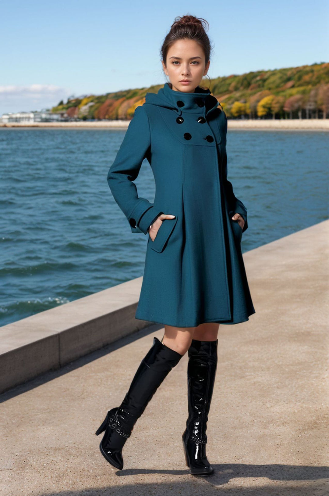 Damen eleganter Mantel mit hohem Kragen und funktionalen Taschen Heidi-Mode