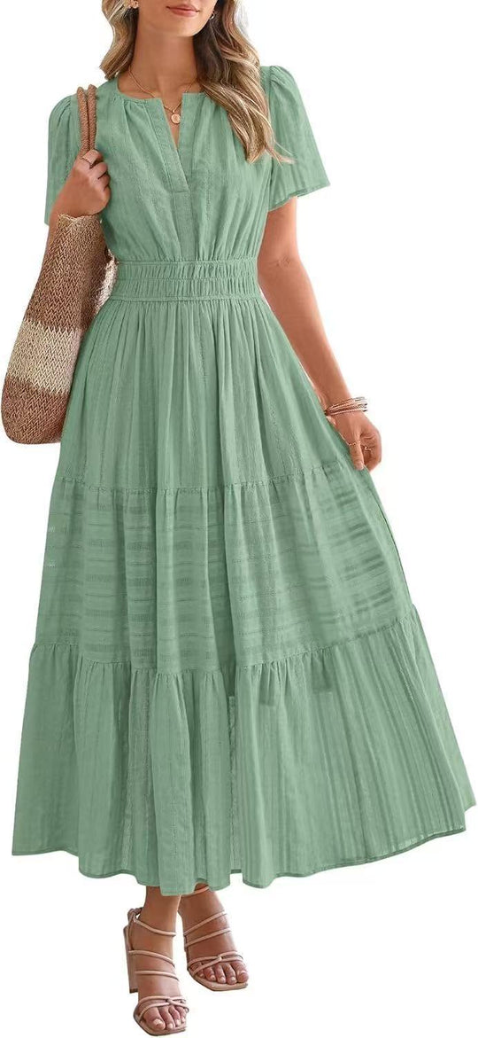 Damen Maxikleid mit modischem V-Ausschnitt und luftigen Rüschen Heidi-Mode