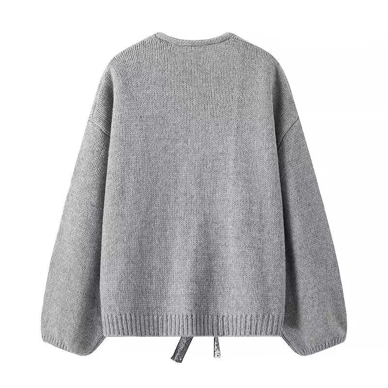 Damen luftige Strickjacke mit Schimmerndem Bindegürtel Heidi-Mode