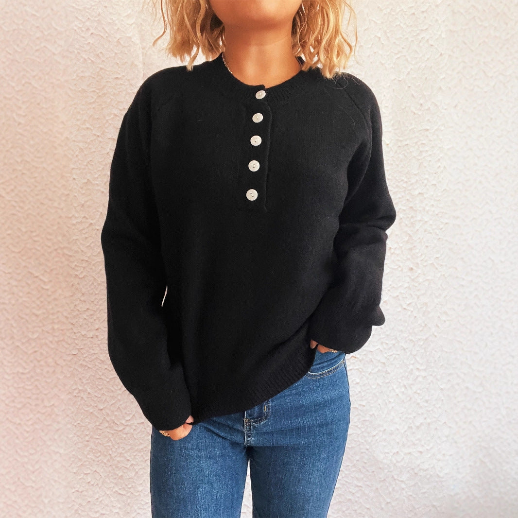 Damen gemütlicher Strickpullover mit Knopfdetails Heidi-Mode