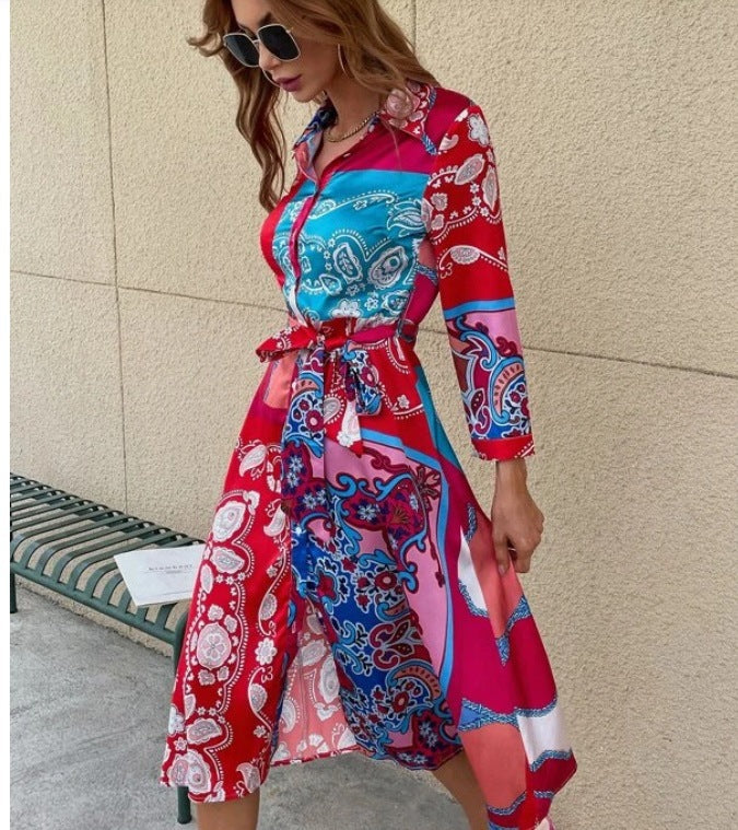 Heidi-Mode | Langarm Gedruckter Gürtel Foulard Midi Kleid