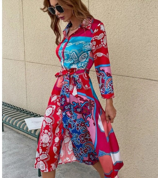 Heidi-Mode | Langarm Gedruckter Gürtel Foulard Midi Kleid