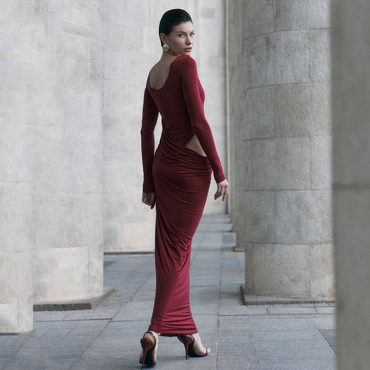 Damen figurbetontes Maxikleid mit innovativem Drapierungselement Heidi-Mode