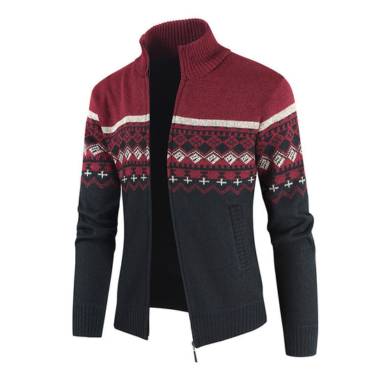 Herren Strickjacke mit Wintermuster und hohem Stehkragen Heidi-Mode