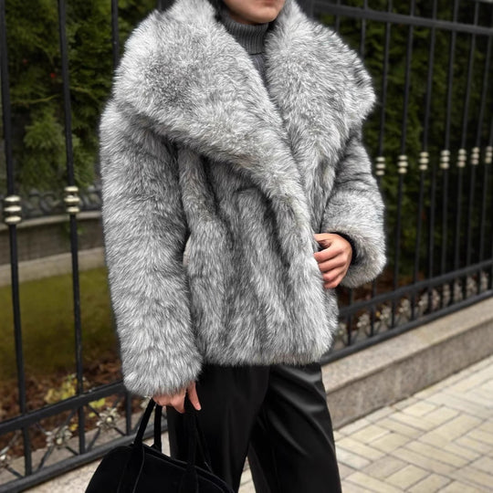 Damen elegante Kunstfelljacke mit voluminösem Kragen und verschließbaren Taschen Heidi-Mode