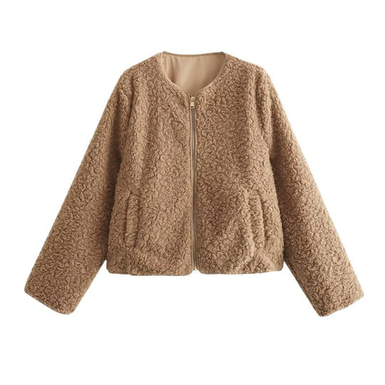 Damen Teddyjacke mit Reißverschluss und seitlichen Eingrifftaschen Heidi-Mode