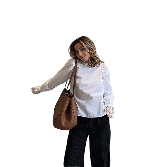 Damen Bluse mit eleganten Spitzenakzenten und Puffärmeln Heidi-Mode