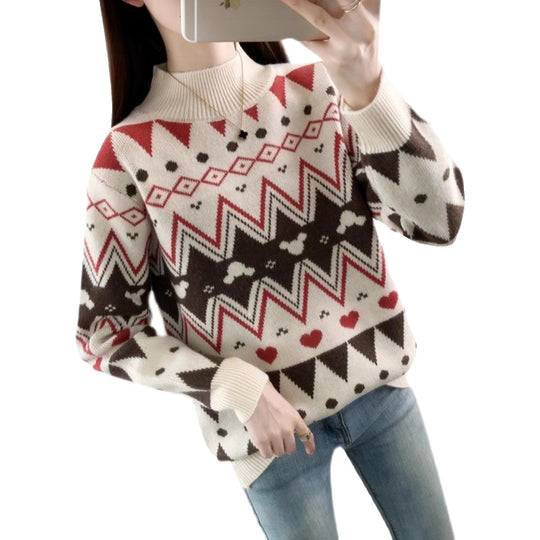 Damen festlicher Strickpullover im modernen Weihnachtsdesign mit geometrischem Muster und komfortablem Rundhalsausschnitt Heidi-Mode