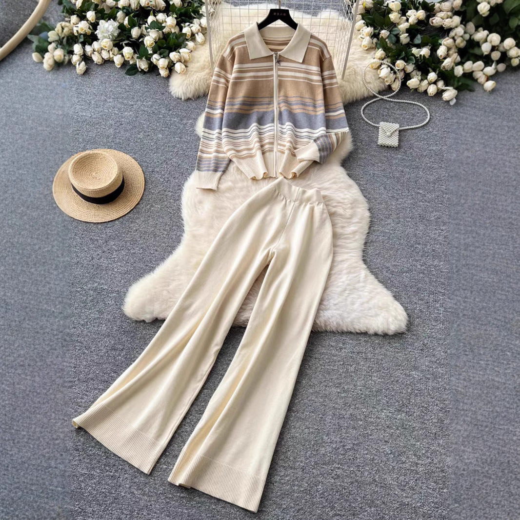Damen modisches Freizeit-Loungewear-Set mit Reißverschluss und breitem Bein Heidi-Mode