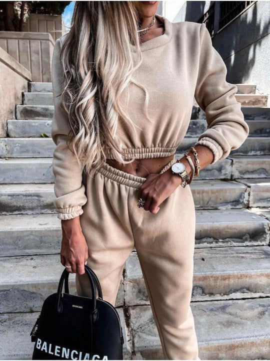 Damen lässiges Cropped Set mit elastischem Taillenzug und weiten Hosen Heidi-Mode