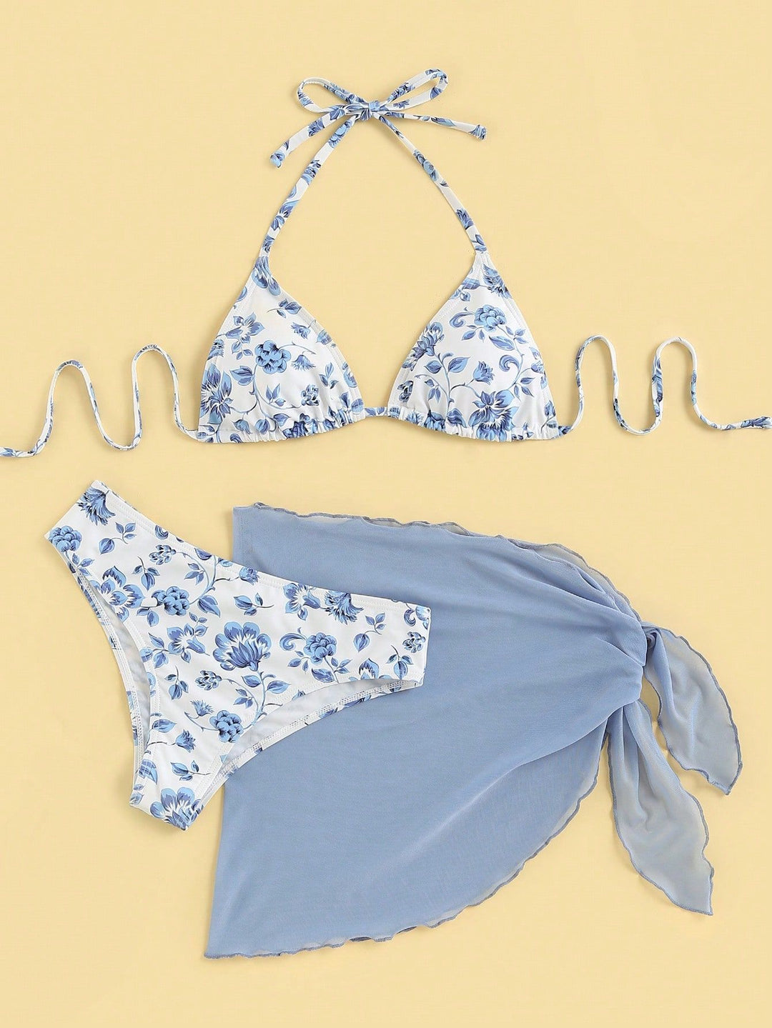 Damen Triangel-Bikini-Set mit romantischem Blumenmuster und eleganter Pareo Heidi-Mode