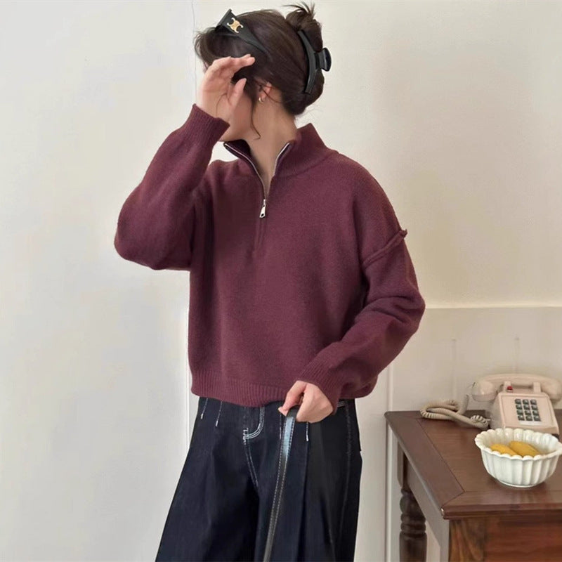 Damen lässiger Pullover mit kurzem Reißverschluss und entspannter Passform Heidi-Mode