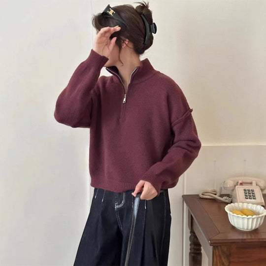 Damen lässiger Pullover mit kurzem Reißverschluss und entspannter Passform Heidi-Mode