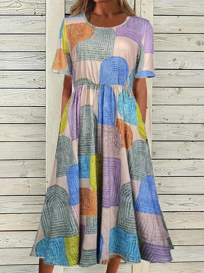 Heidi Mode | Rundhalsausschnitt Kurzarm Bohemian Print Kleid Frauen