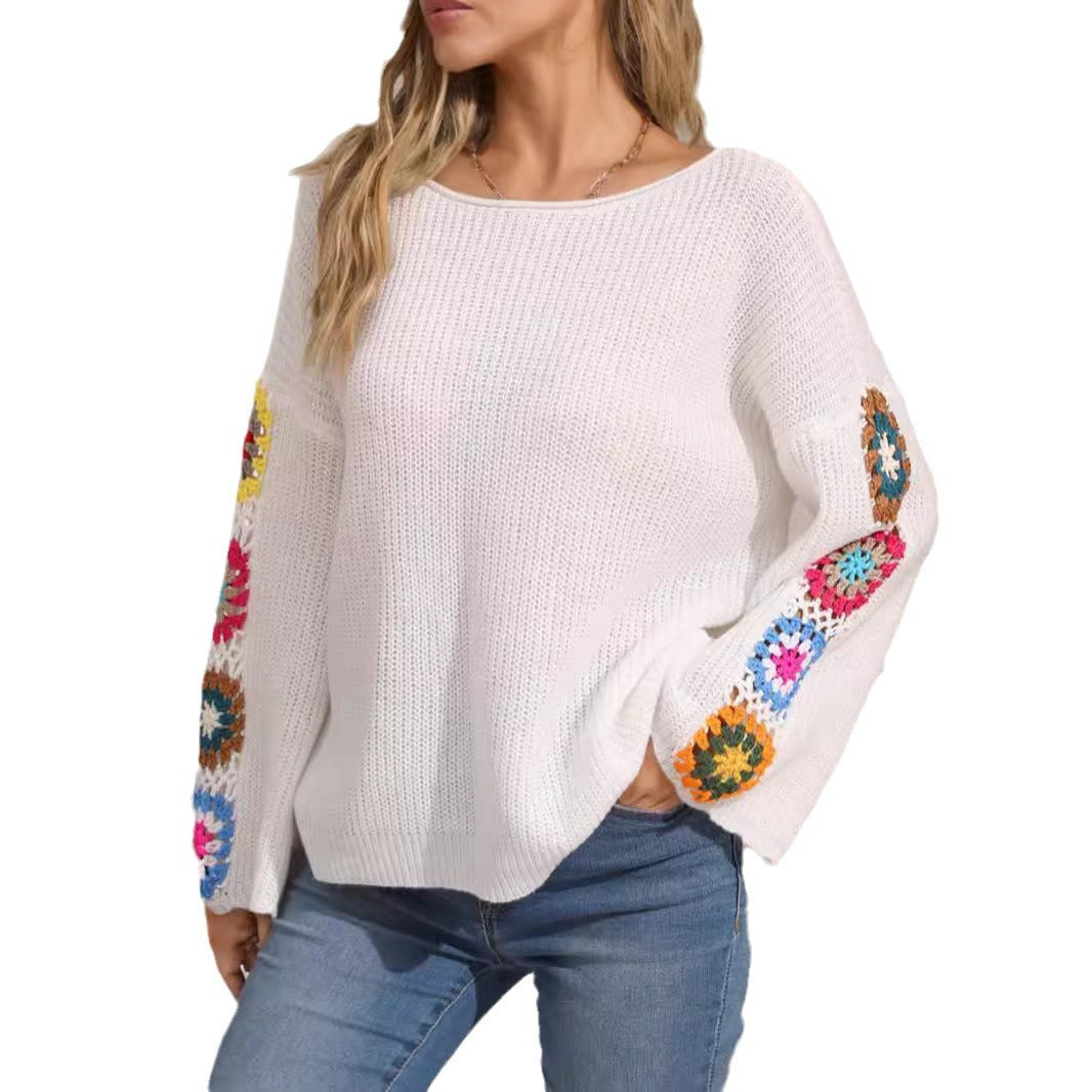 Damen gestreifter Strickpullover mit bunten Blumenapplikationen Heidi-Mode