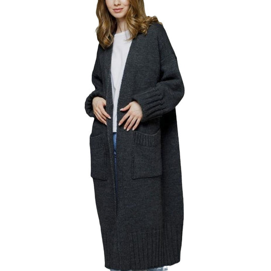 Damen bequemer langer Strickcardigan mit Taschen und breiten Ärmeln Heidi-Mode
