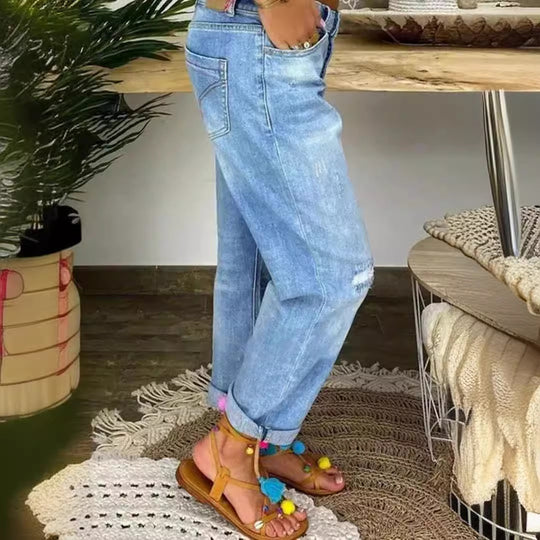 Damen Boyfriend-Jeans mit Knopfleiste und Distressed-Details Heidi-Mode