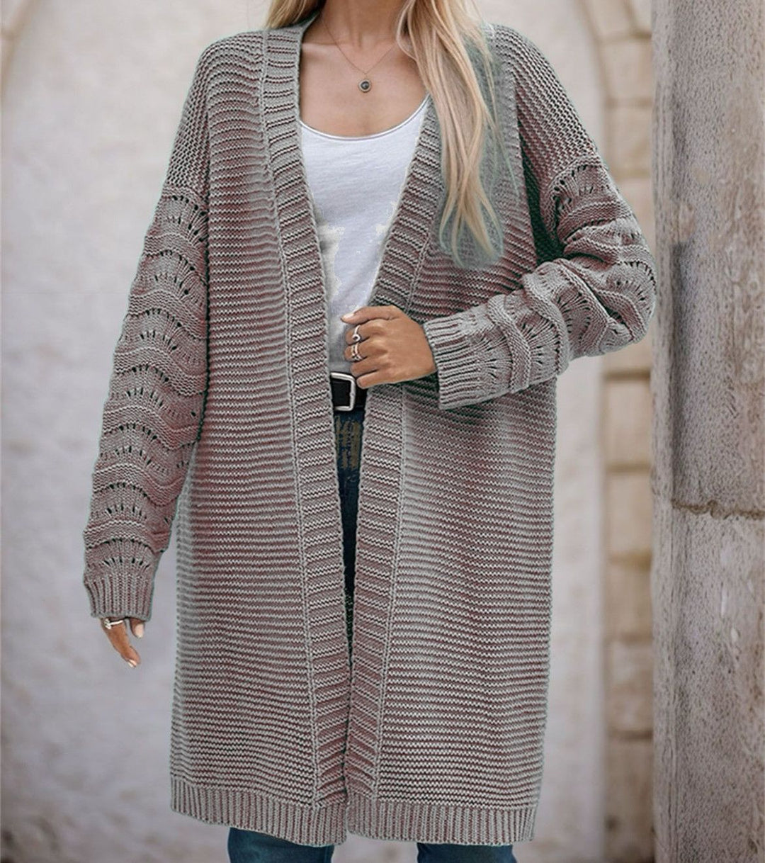Damen Langer Strickcardigan mit luftiger Maschenstruktur und offener Front Heidi-Mode