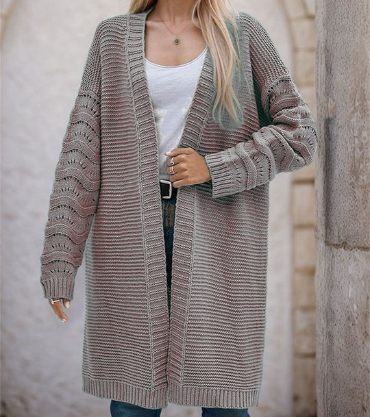 Damen Langer Strickcardigan mit luftiger Maschenstruktur und offener Front Heidi-Mode