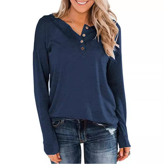 Damen modisches Langarm-Henley-Shirt mit Knopfleiste Heidi-Mode