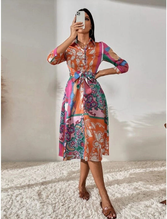 Heidi-Mode | Langarm Gedruckter Gürtel Foulard Midi Kleid