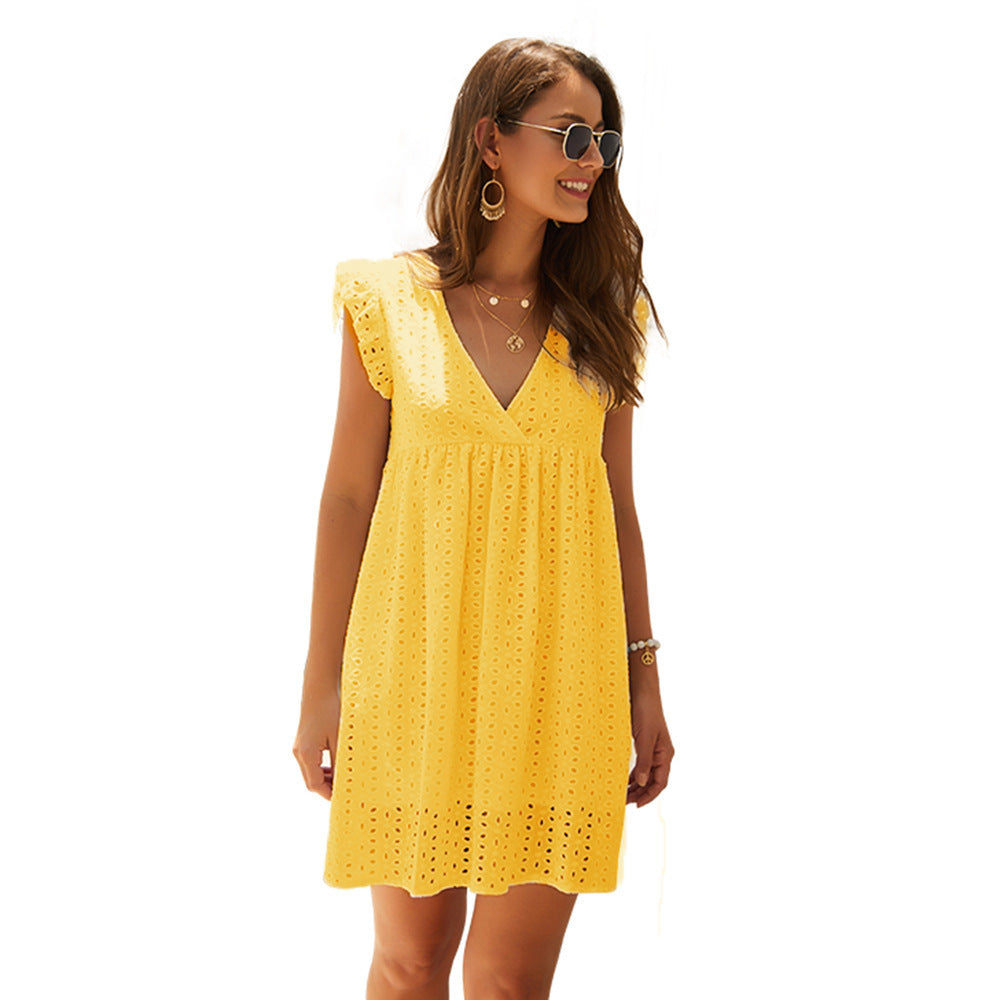 Heidi-Mode | Leichte Babydoll-Ärmel V-Ausschnitt Sommer Mini Kleid