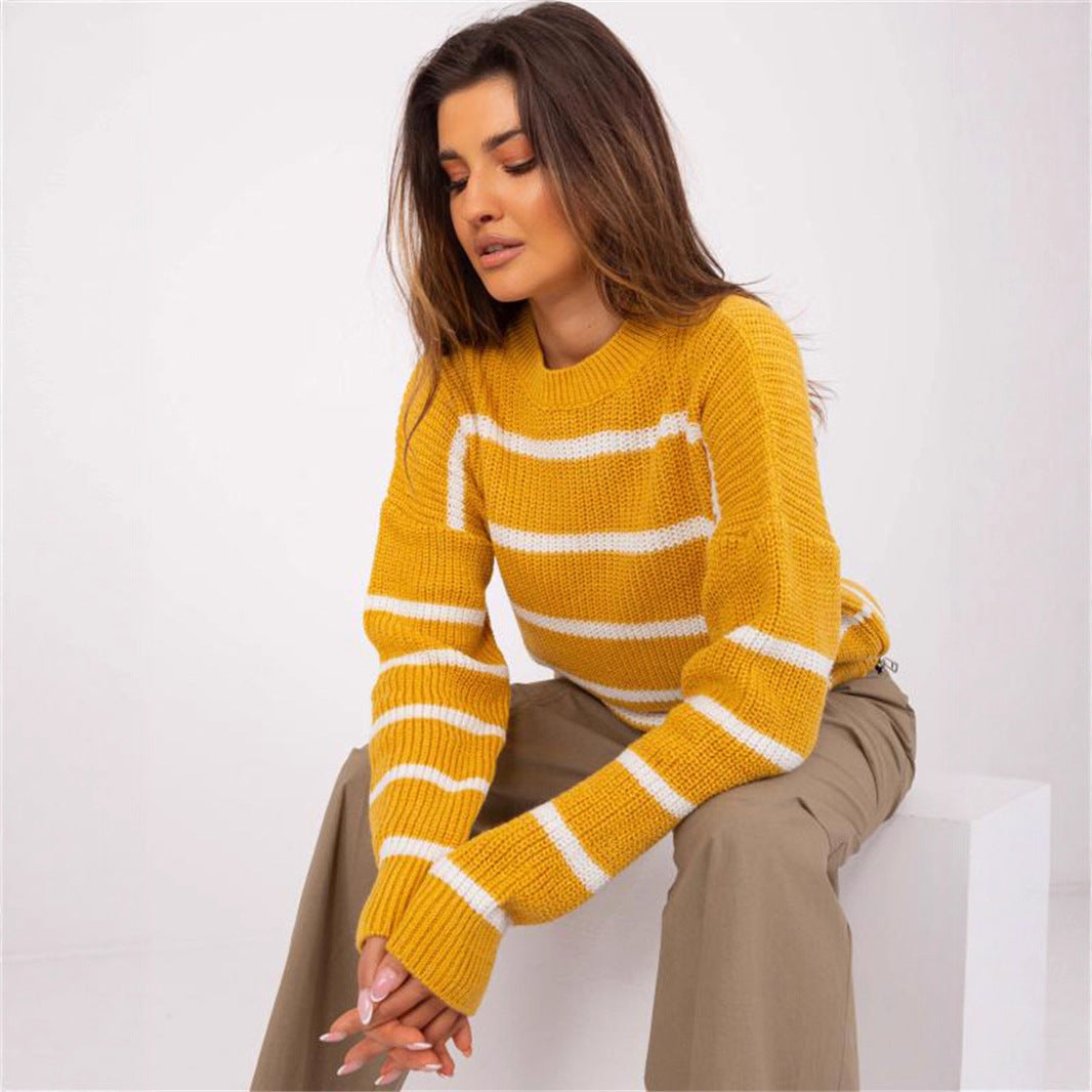 Damen lässiger Strickpullover mit modernem Streifenmuster und weitem Schnitt Heidi-Mode