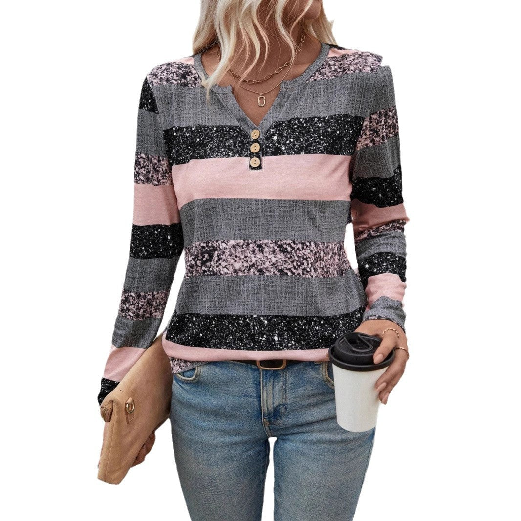 Damen Langarmshirt mit schimmernden Streifen und Knopfdetails Heidi-Mode