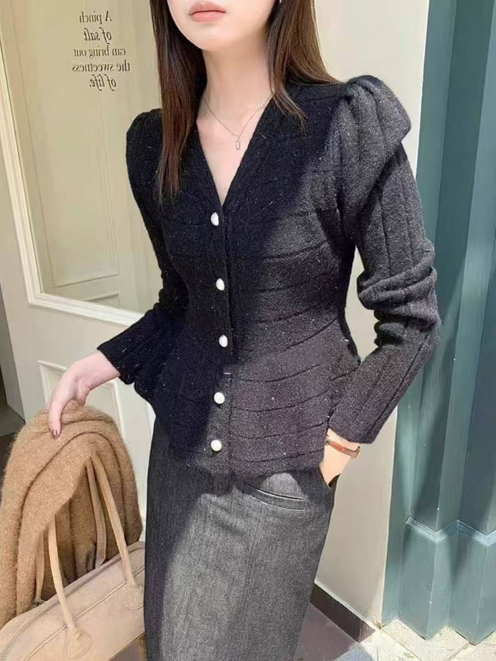 Damen elegante Strickjacke mit strukturiertem Design und femininen Puffärmeln Heidi-Mode
