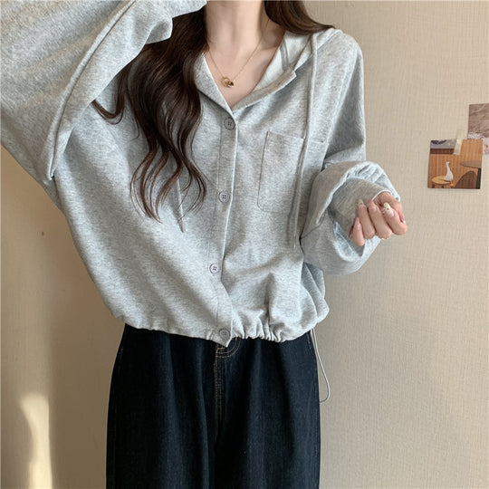 Femme Freizeit Button-Up Hoodie mit verstellbarem Kordelzug Heidi-Mode
