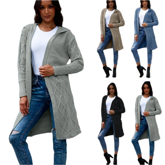 Damen Strickjacke mit Kapuze und stilvollem Zopfdesign Heidi-Mode